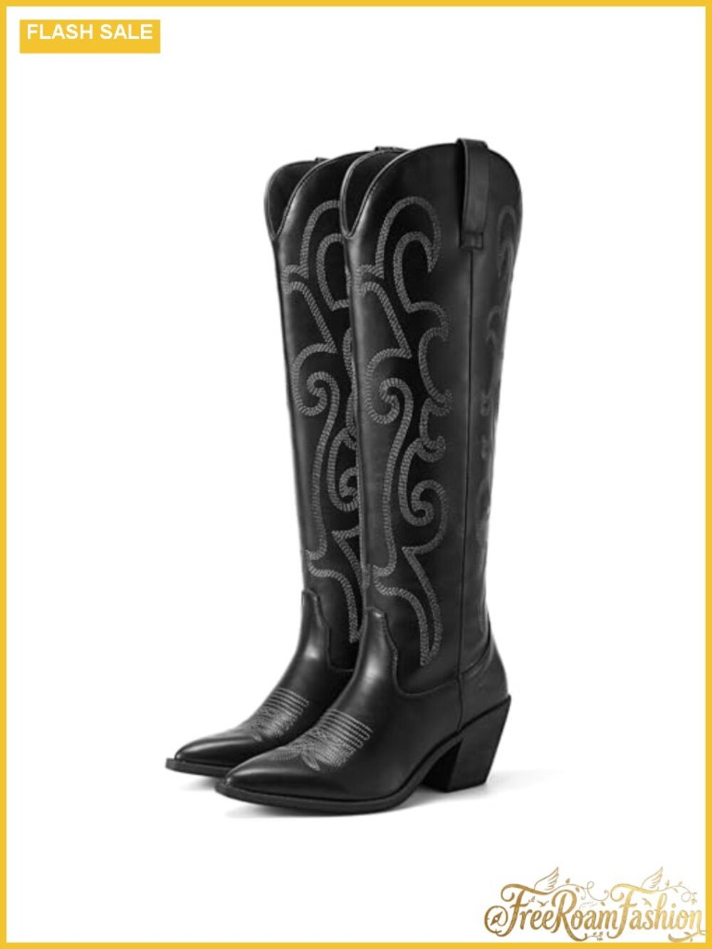 Knee-High Cowboy Boots Pointed Toe Block Heel Western Women
